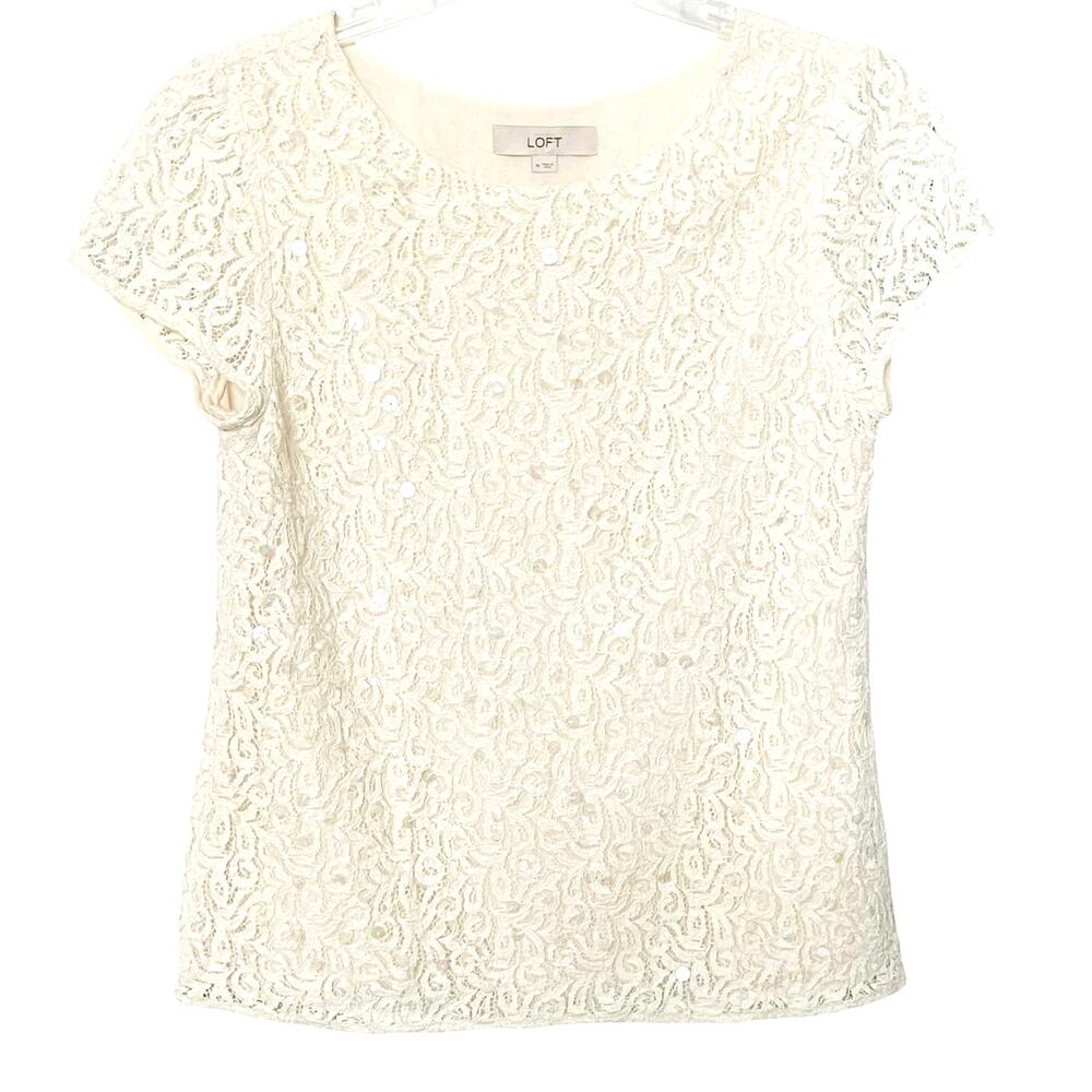LOFT BY ANN TAYLOR CAP SLV, ROUND NECK, LINED, LACE BLOUSE, WOMENS, M, IVORY